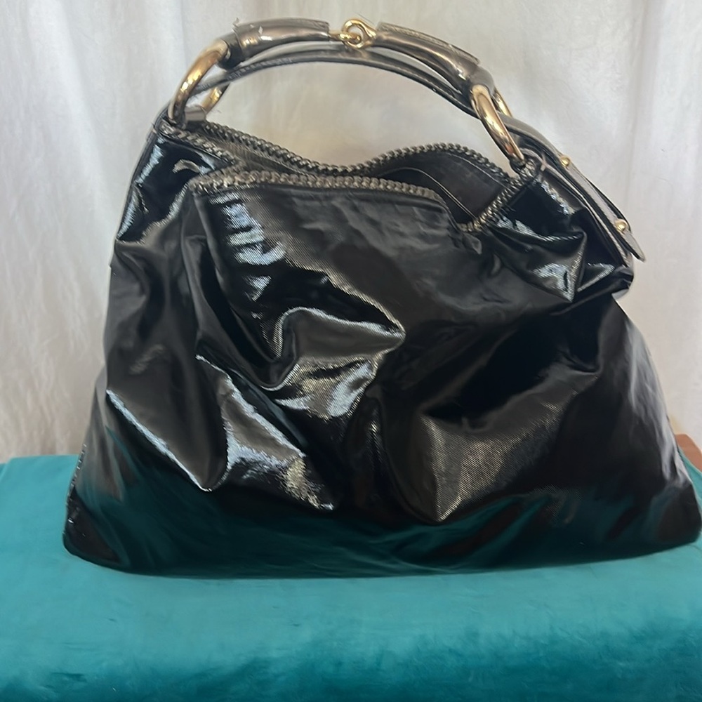 Vintage Gucci Hobo Horsebit Shoulder Bag Black Patent/leather Gold tone - Picture 3 of 14